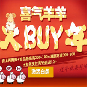 优惠券：京东商城 食品199-20券，酒水500-100券，可叠加满减