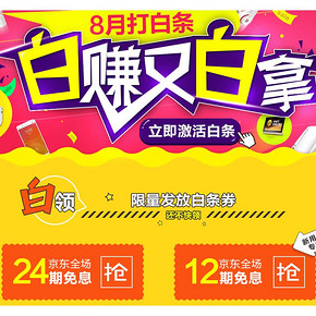 优惠券：京东 八月白条庆 12期/24期免利+100%中奖券