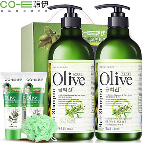 韩伊 橄榄洗发水护发素380ml+380ml+护手霜*2+沐浴球 19元(扫码29-10券)