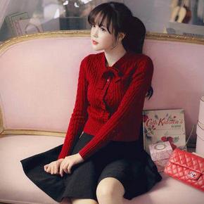 学院风# 臻姿 枣红色名媛针织短外套 32元包邮