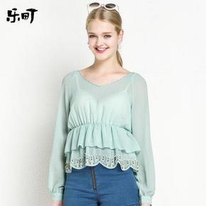 乐町 2015秋装宽松甜美绣花钉珠V领雪纺衫 49元包邮(59-10券)