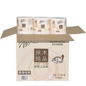清风 原木纯品3层卷纸 270段*27卷箱装  约33元(66，299-150)