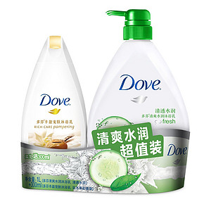 DOVE 多芬 清透水润沐浴乳1000ml+乳木果沐浴乳300ml 26元(39，买3免1)