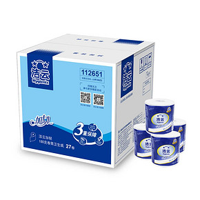 洁云 加韧卷纸180gx27卷+清风 原木纯品抽纸 150抽8包 49.8元(99.8-50)