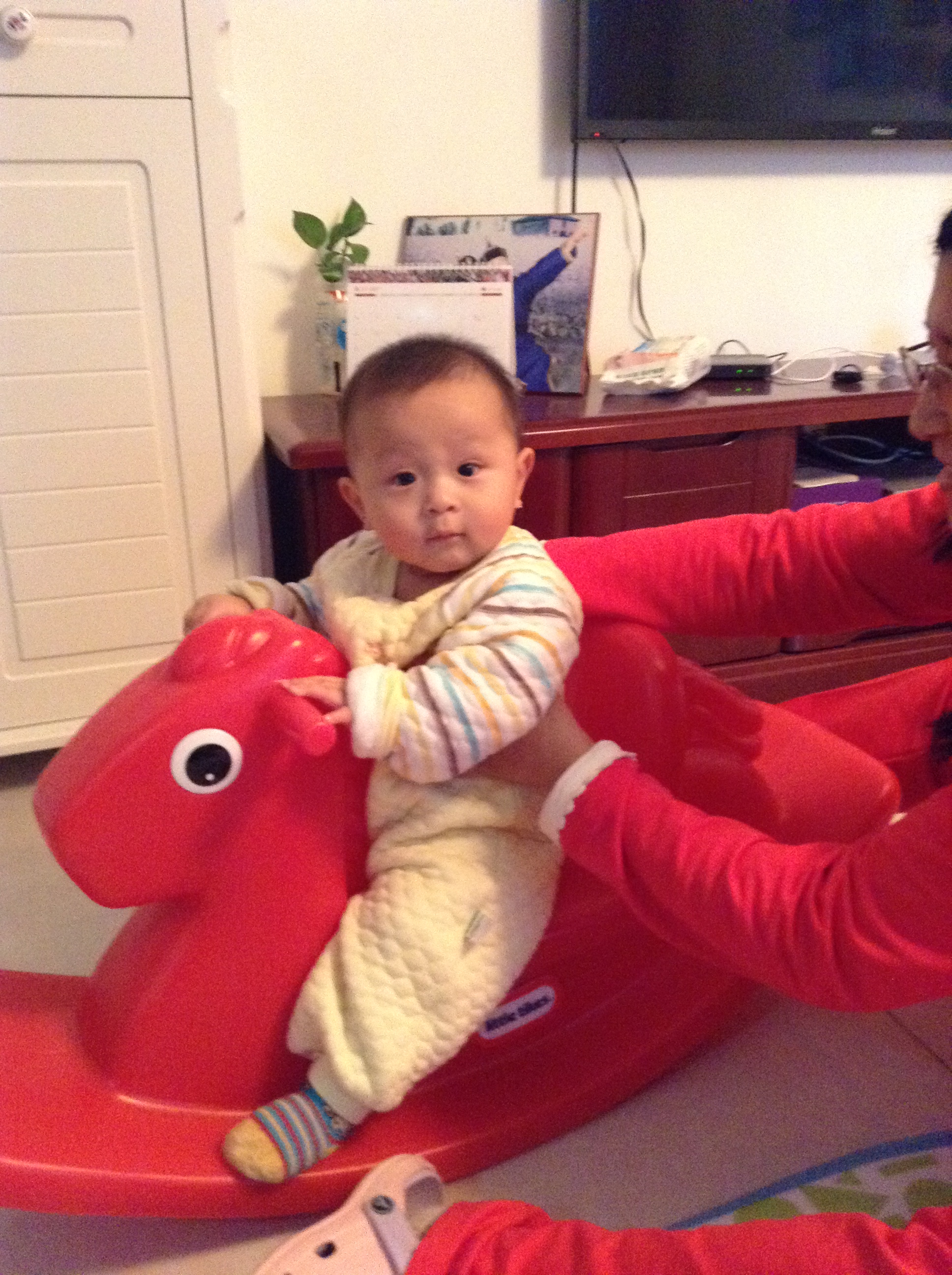 我们买的是个红色的，这个摇马非常好，孩子很喜欢玩，每天都会